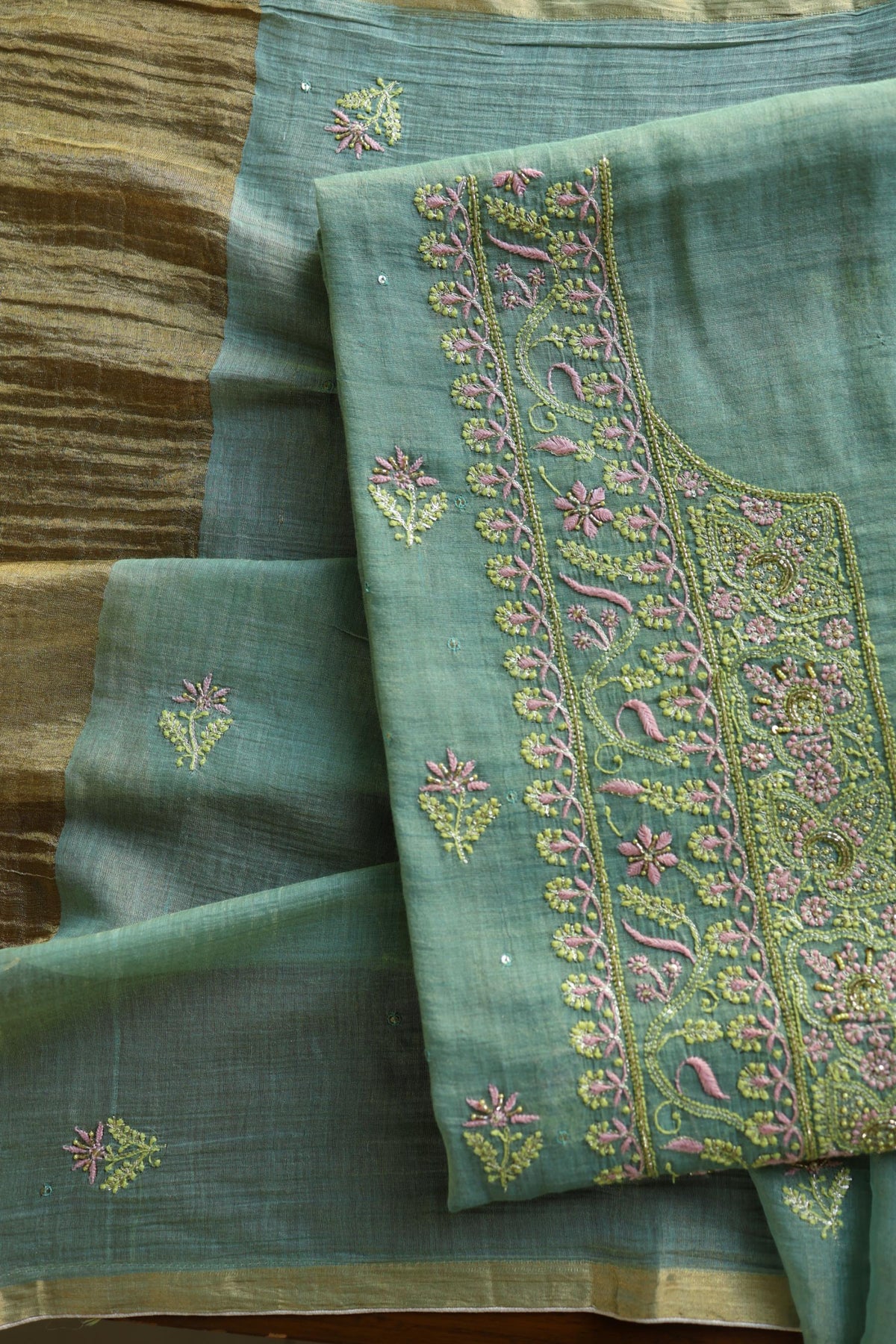 Green Shade Tissue Silk Chikankari Unstitched Fabric