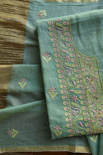 Green Shade Tissue Silk Chikankari Unstitched Fabric