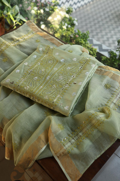 Green Shade Zari Booti Fine Chikankari With Kamdani Work Unstitched Fabric