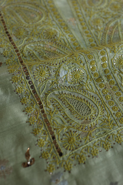 Green Shade Zari Booti Fine Chikankari With Kamdani Work Unstitched Fabric