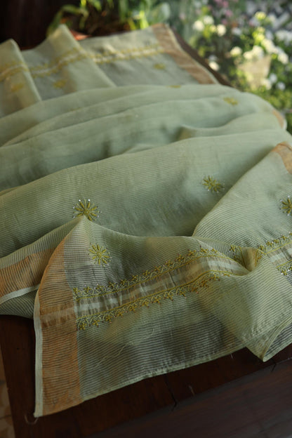 Green Shade Zari Booti Fine Chikankari With Kamdani Work Unstitched Fabric