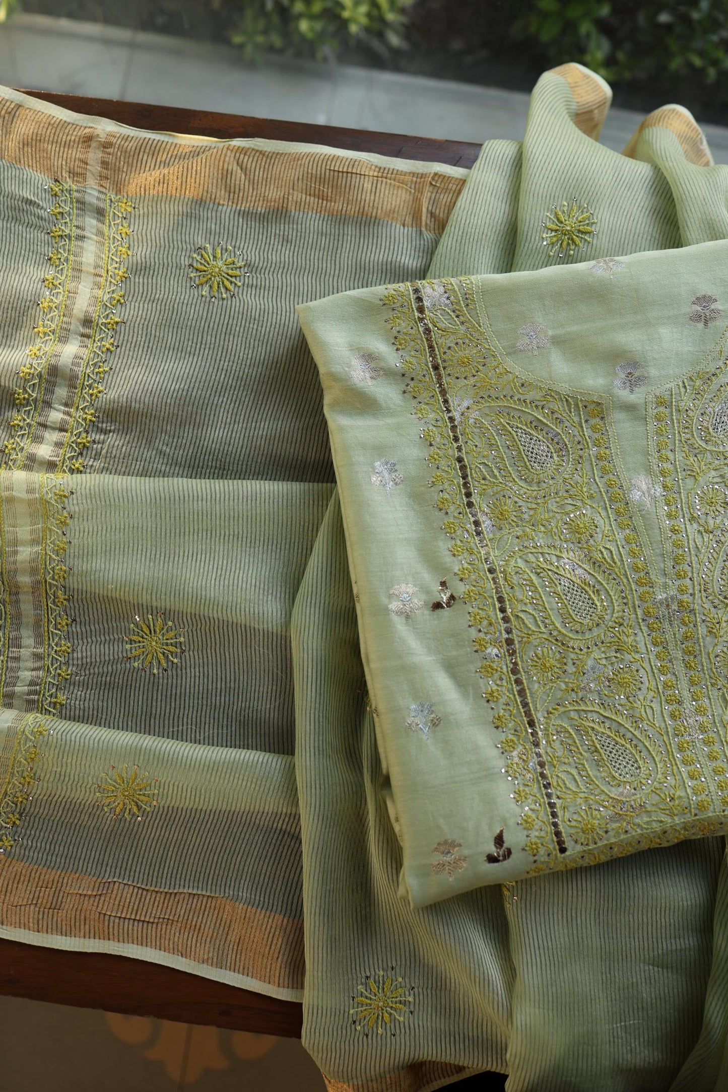 Green Shade Zari Booti Fine Chikankari With Kamdani Work Unstitched Fabric