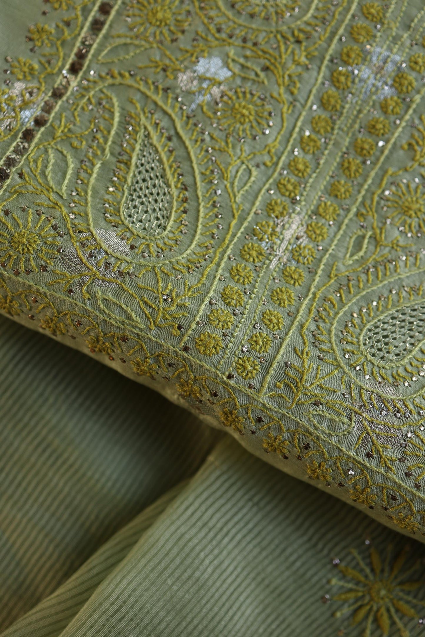 Green Shade Zari Booti Fine Chikankari With Kamdani Work Unstitched Fabric