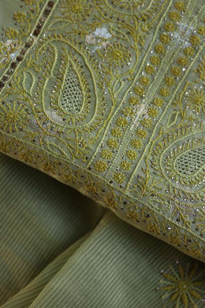 Green Shade Zari Booti Fine Chikankari With Kamdani Work Unstitched Fabric