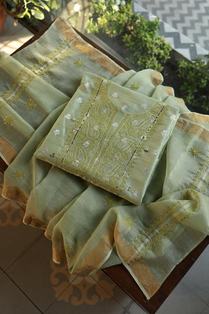 Green Shade Zari Booti Fine Chikankari With Kamdani Work Unstitched Fabric