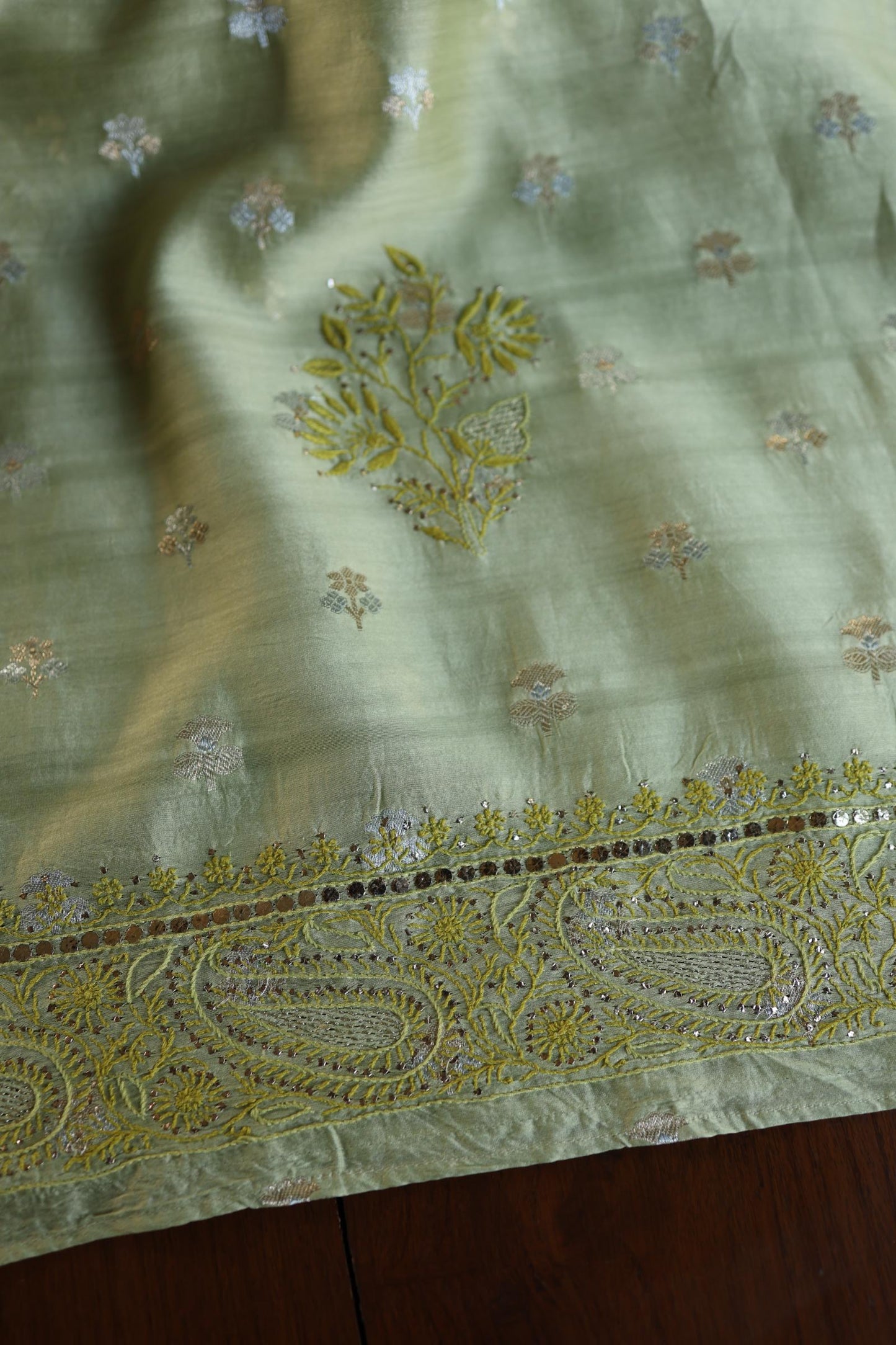 Green Shade Zari Booti Fine Chikankari With Kamdani Work Unstitched Fabric