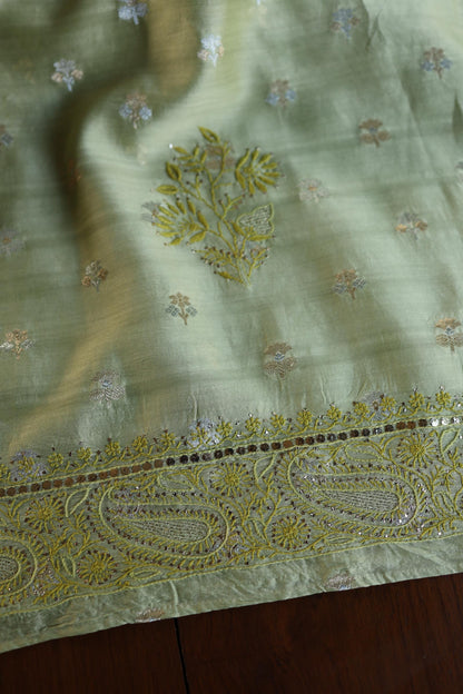 Green Shade Zari Booti Fine Chikankari With Kamdani Work Unstitched Fabric