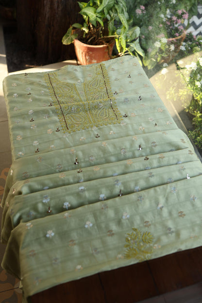 Green Shade Zari Booti Fine Chikankari With Kamdani Work Unstitched Fabric