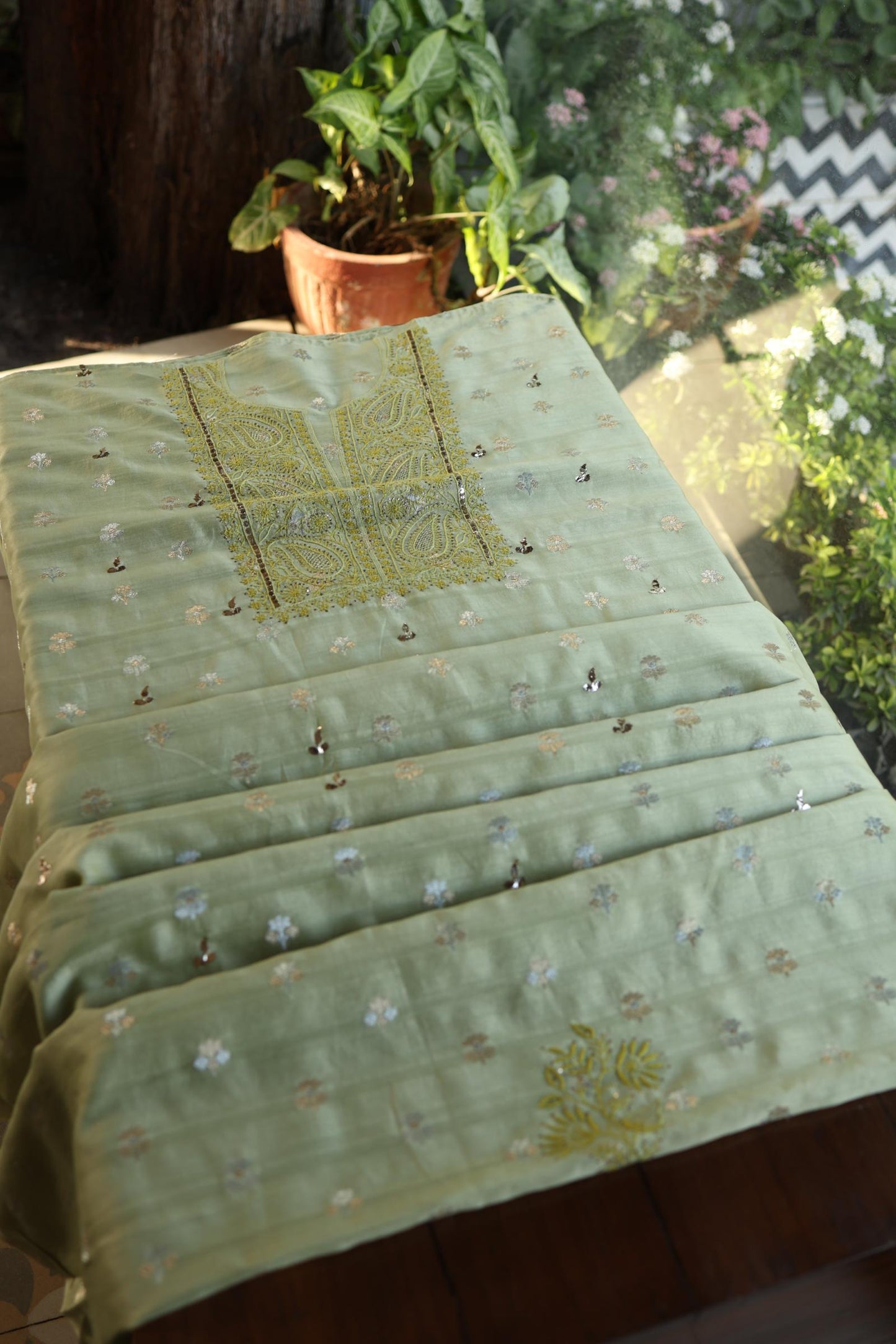 Green Shade Zari Booti Fine Chikankari With Kamdani Work Unstitched Fabric