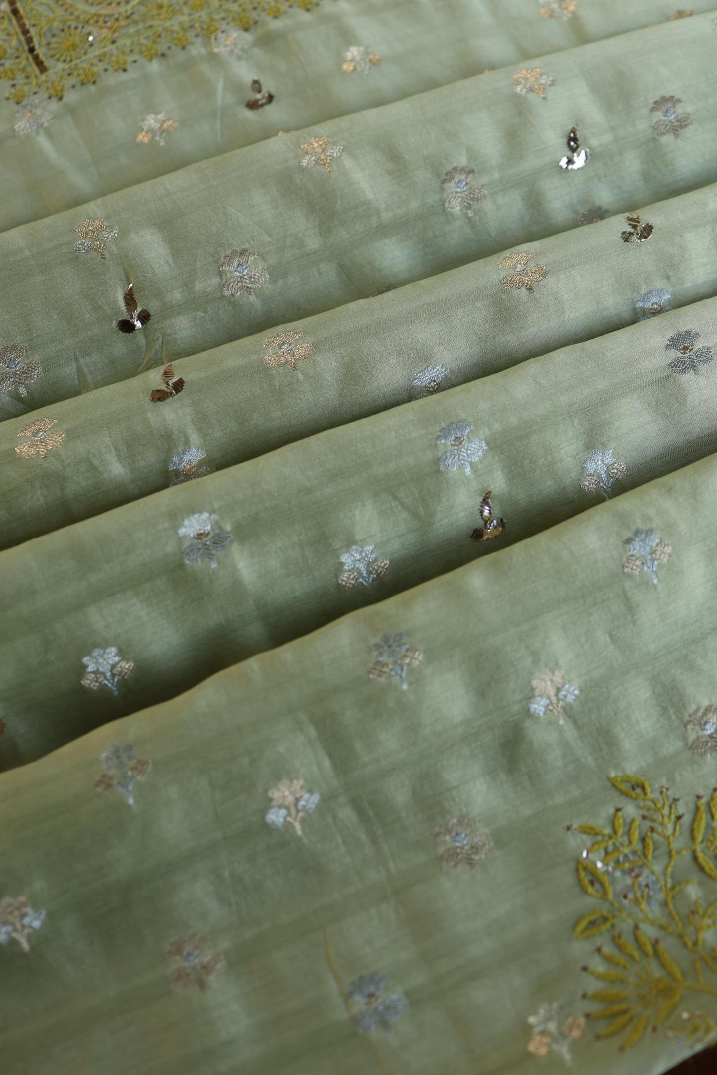Green Shade Zari Booti Fine Chikankari With Kamdani Work Unstitched Fabric