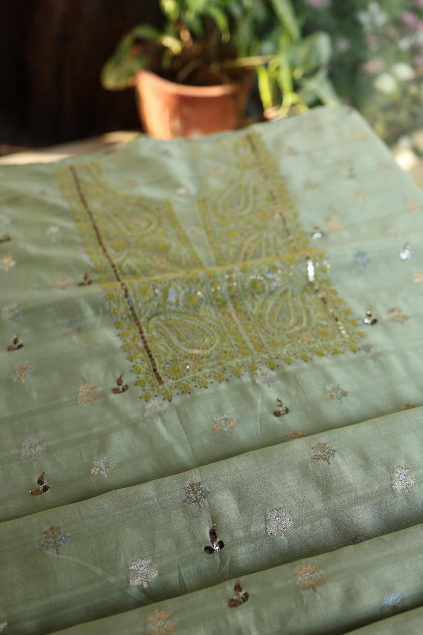 Green Shade Zari Booti Fine Chikankari With Kamdani Work Unstitched Fabric