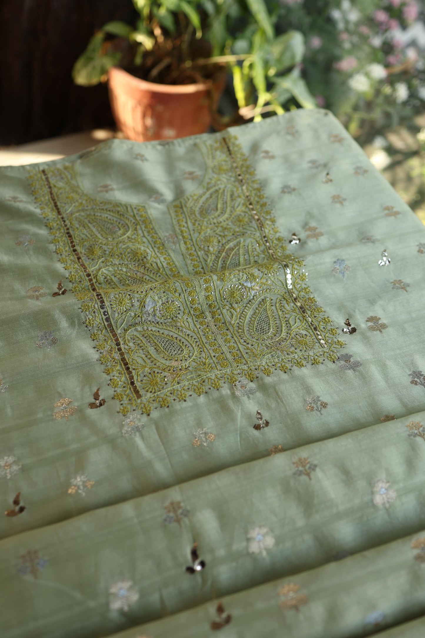 Green Shade Zari Booti Fine Chikankari With Kamdani Work Unstitched Fabric