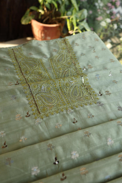 Green Shade Zari Booti Fine Chikankari With Kamdani Work Unstitched Fabric