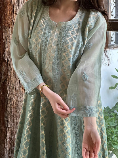Green Shade Zari Chanderi Chikankari Ready to Wear Tunics