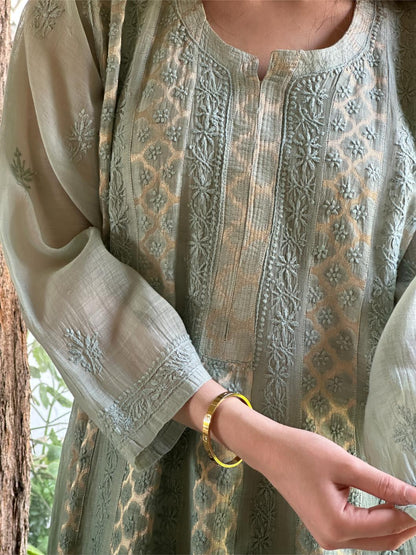 Green Shade Zari Chanderi Chikankari Ready to Wear Tunics