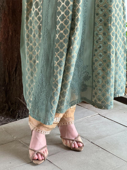 Green Shade Zari Chanderi Chikankari Ready to Wear Tunics