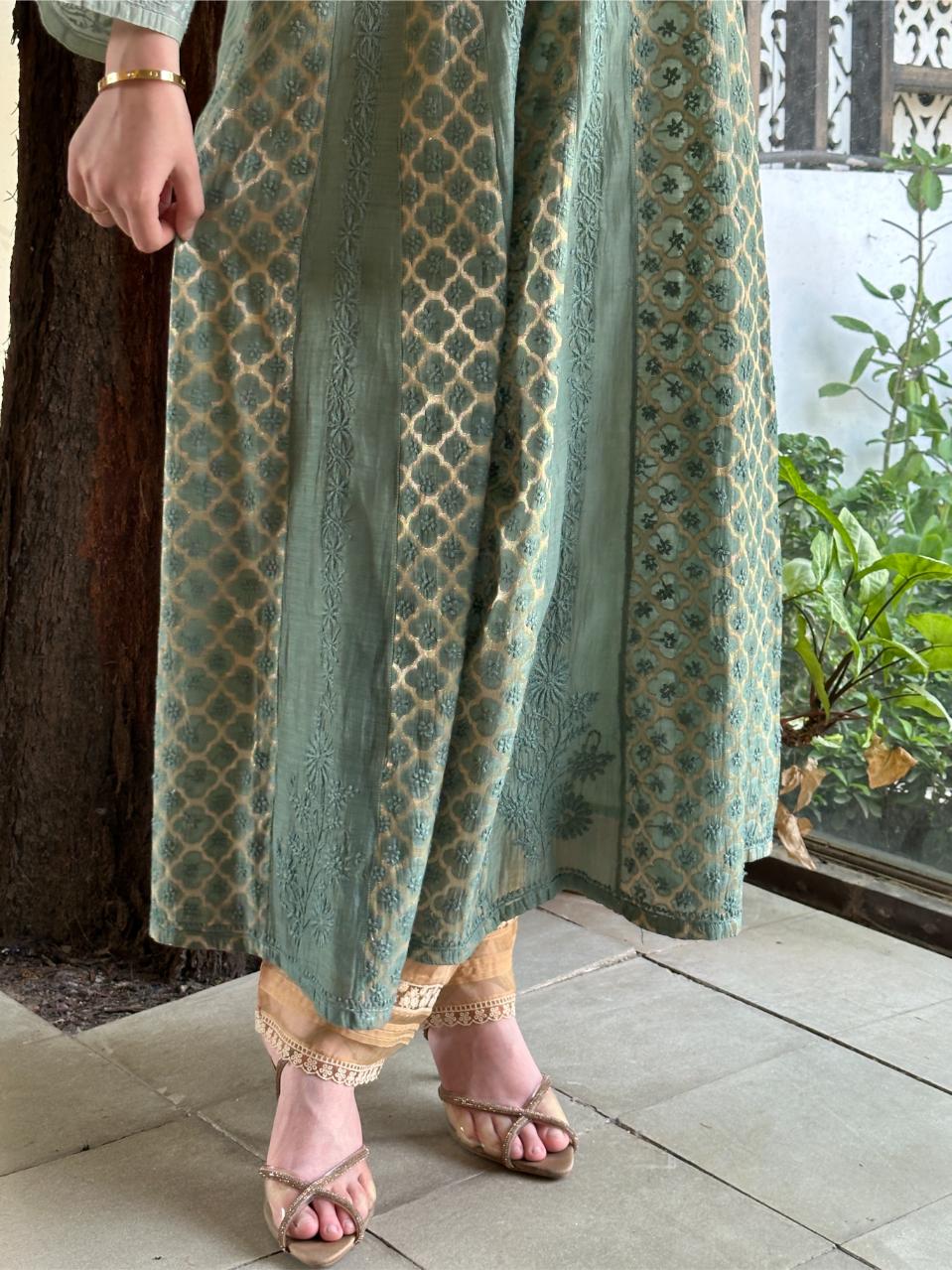 Green Shade Zari Chanderi Chikankari Ready to Wear Tunics