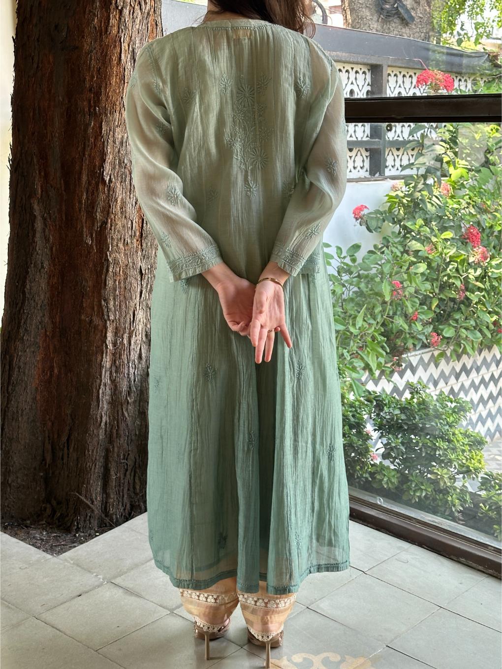 Green Shade Zari Chanderi Chikankari Ready to Wear Tunics