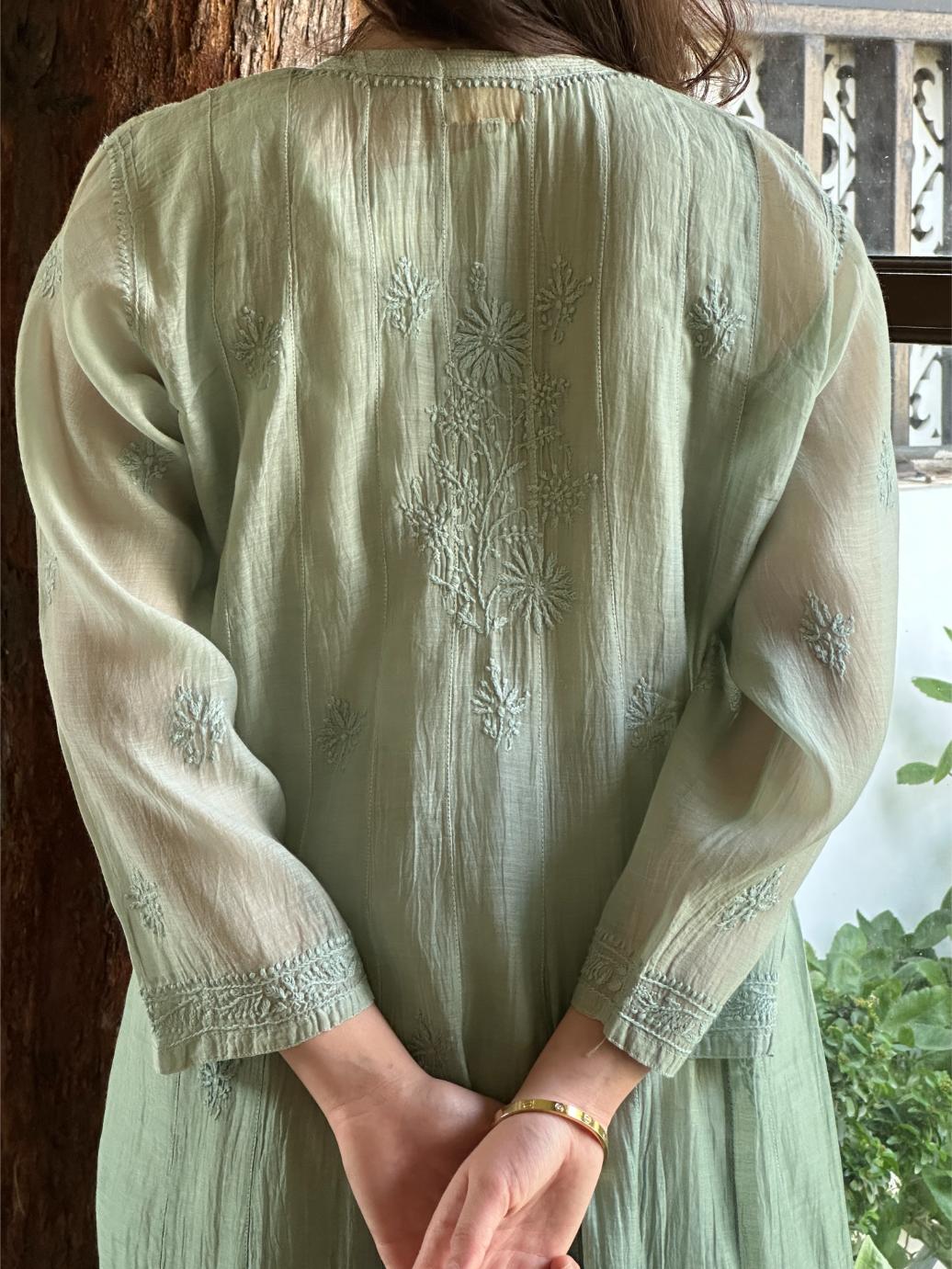 Green Shade Zari Chanderi Chikankari Ready to Wear Tunics