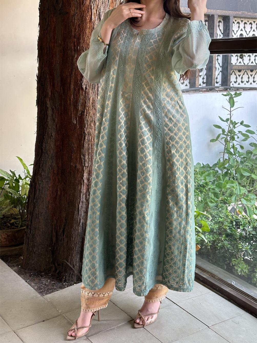 Green Shade Zari Chanderi Chikankari Ready to Wear Tunics