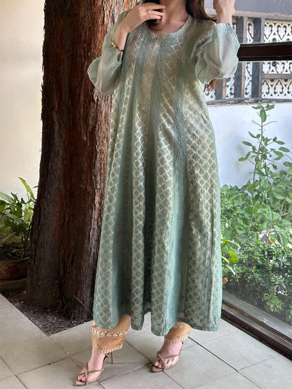 Green Shade Zari Chanderi Chikankari Ready to Wear Tunics