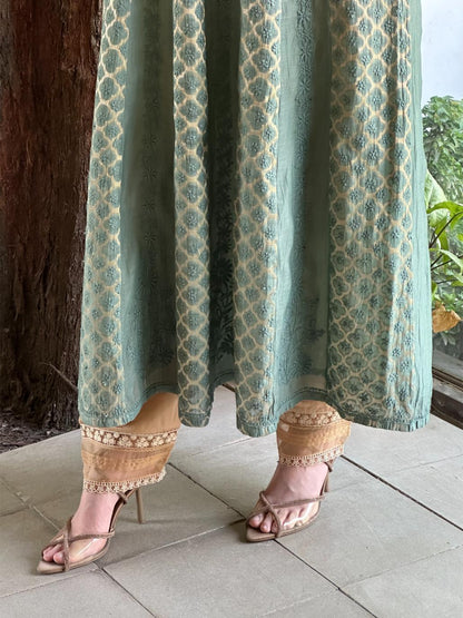 Green Shade Zari Chanderi Chikankari Ready to Wear Tunics