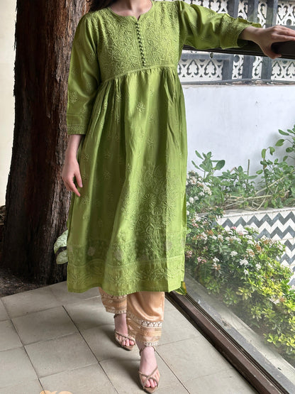 Green Zari Chanderi Chikankari A Line Kurta with Slip