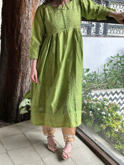 Green Zari Chanderi Chikankari A Line Kurta with Slip