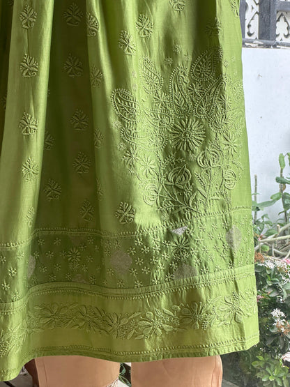 Green Zari Chanderi Chikankari A Line Kurta with Slip