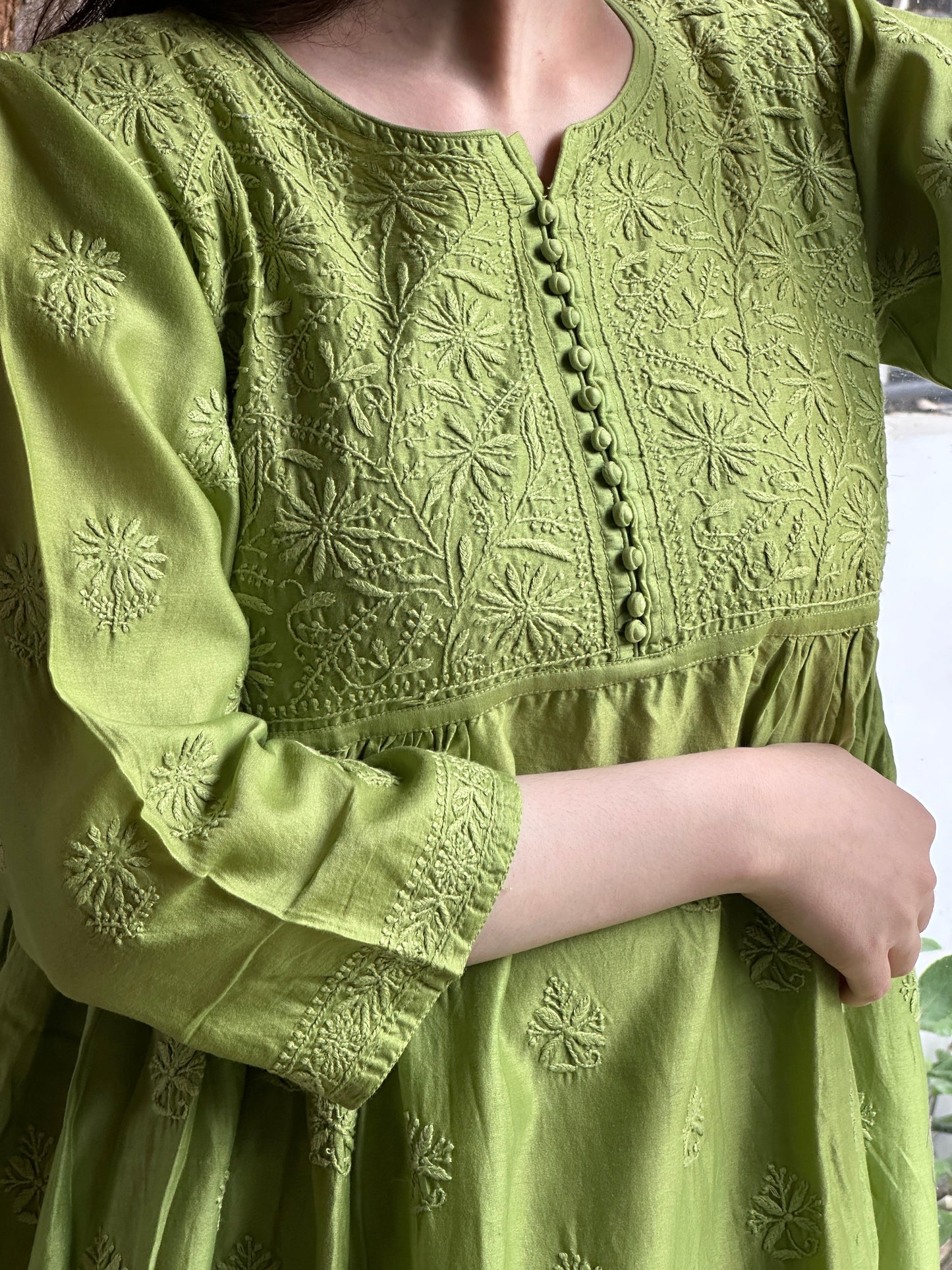Green Zari Chanderi Chikankari A Line Kurta with Slip