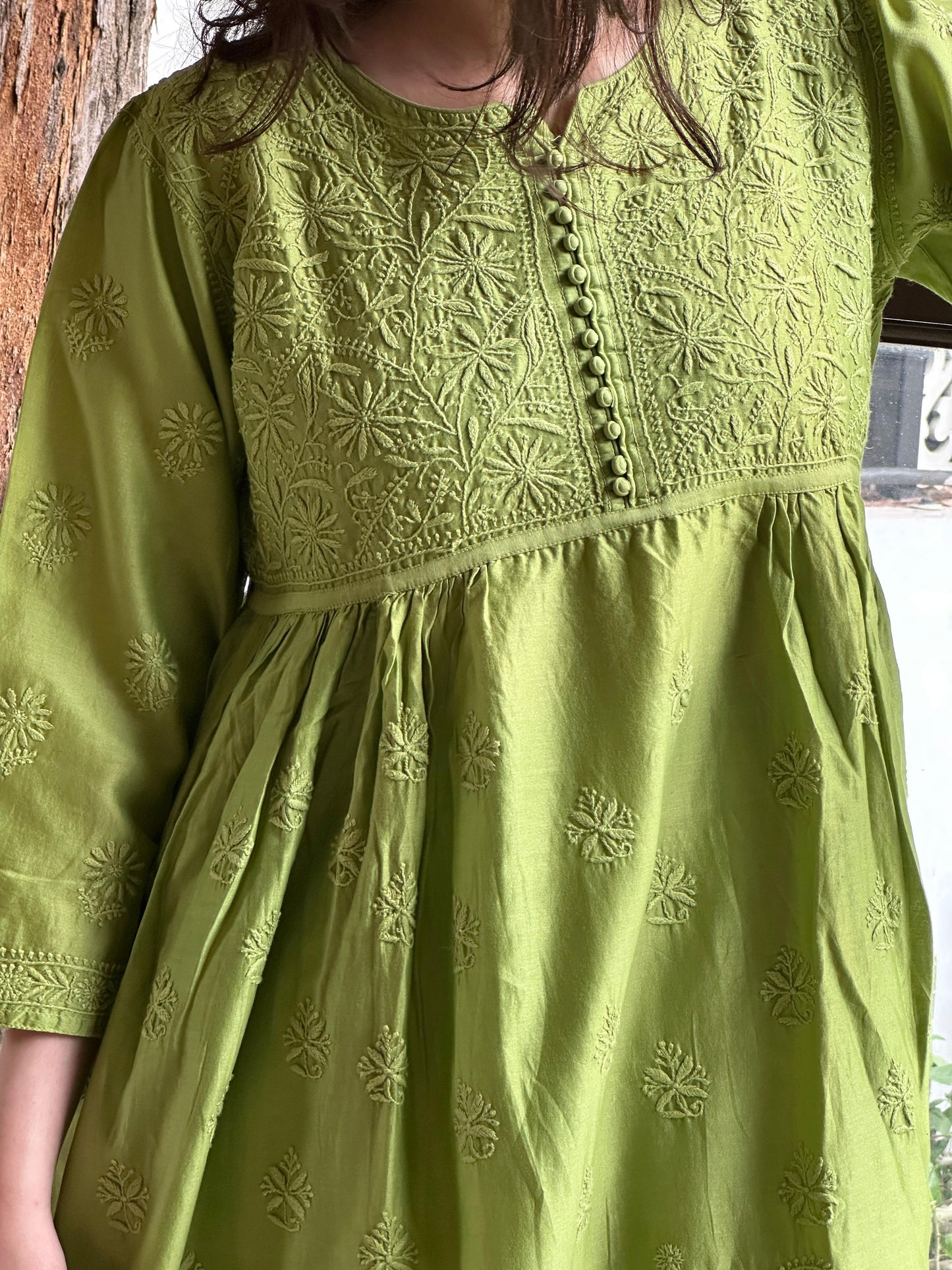 Green Zari Chanderi Chikankari A Line Kurta with Slip