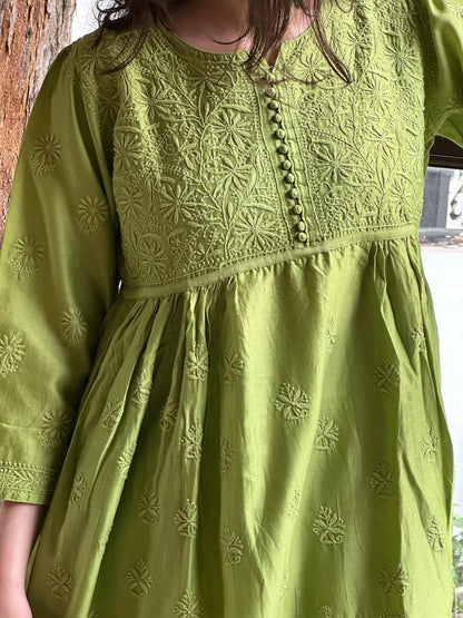 Green Zari Chanderi Chikankari A Line Kurta with Slip