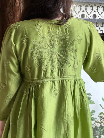 Green Zari Chanderi Chikankari A Line Kurta with Slip