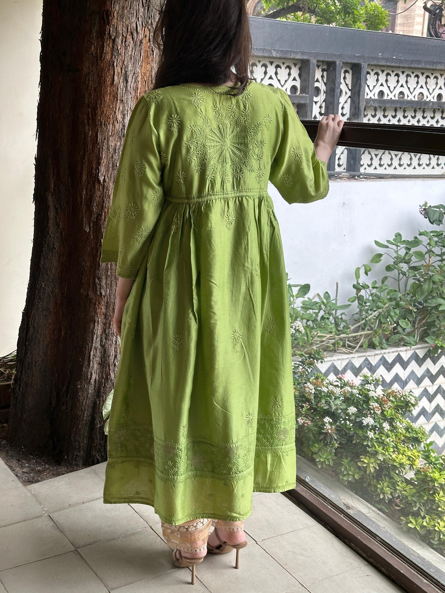 Green Zari Chanderi Chikankari A Line Kurta with Slip