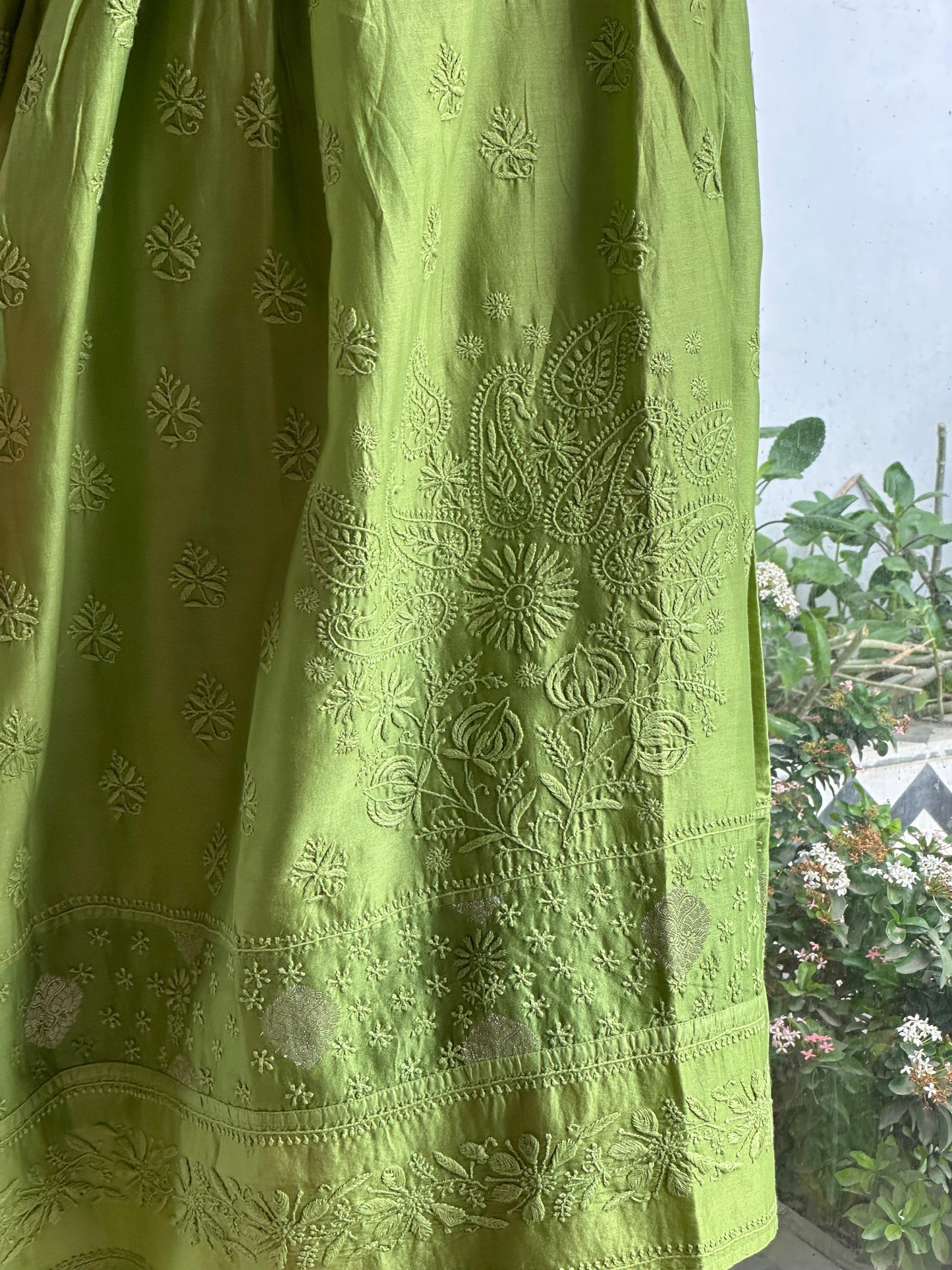 Green Zari Chanderi Chikankari A Line Kurta with Slip