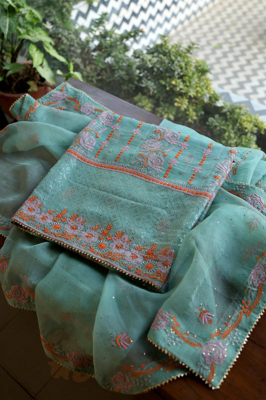 Green Noor Organza Silk Chikankari With Kamdani Fabrics