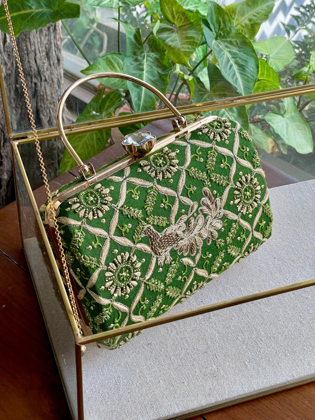 Green Peacock Motif Chikankari Moonga Silk Handle Sling Clutch