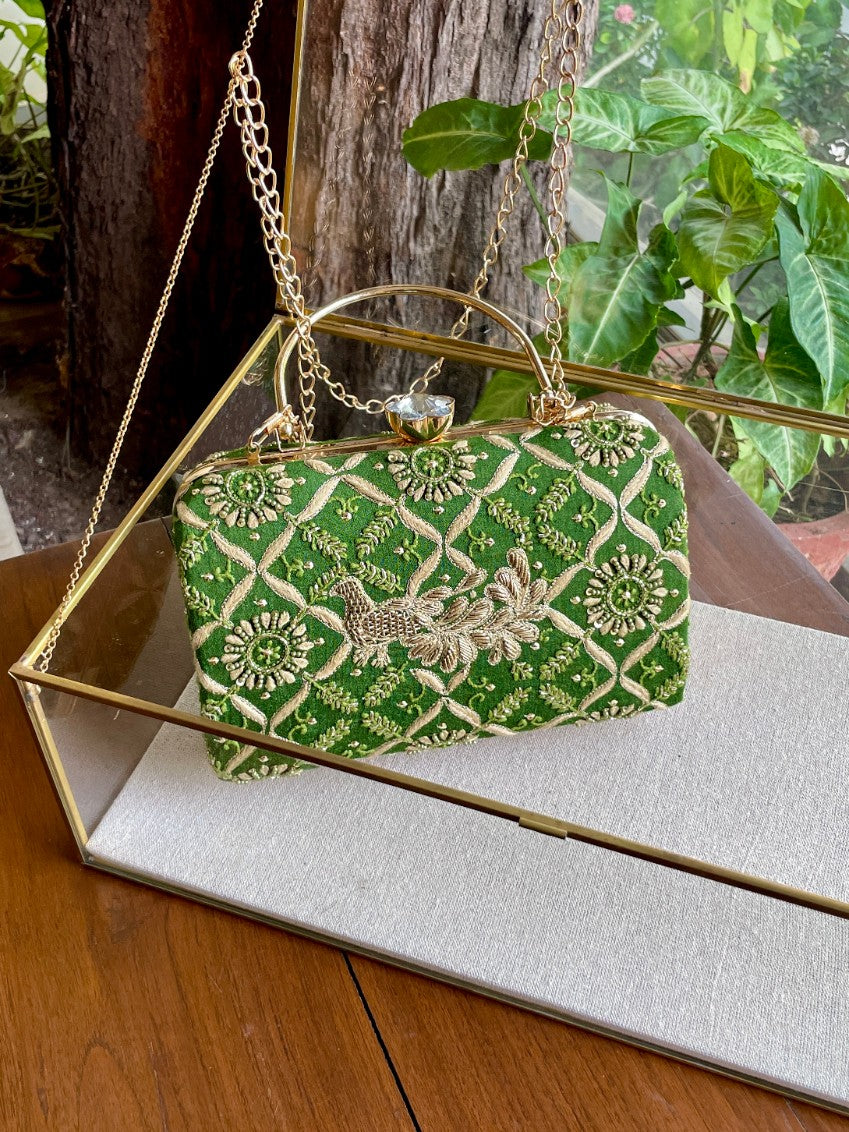 Green Peacock Motif Chikankari Moonga Silk Handle Sling Clutch