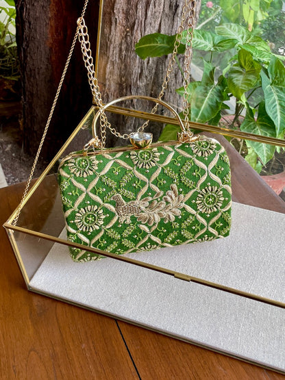 Green Peacock Motif Chikankari Moonga Silk Handle Sling Clutch