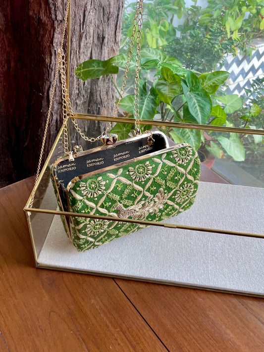 Green Peacock Motif Chikankari Moonga Silk Handle Sling Clutch