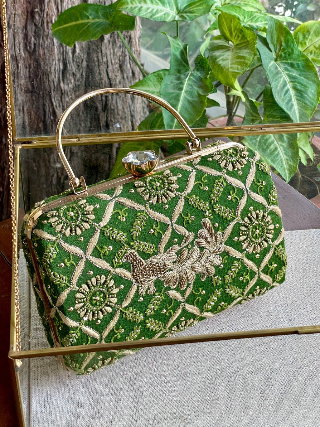 Green Peacock Motif Chikankari Moonga Silk Handle Sling Clutch