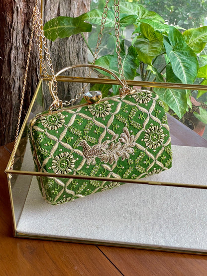 Green Peacock Motif Chikankari Moonga Silk Handle Sling Clutch