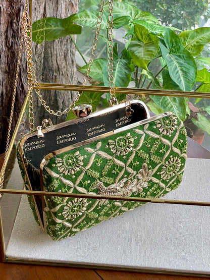 Green Peacock Motif Chikankari Moonga Silk Handle Sling Clutch
