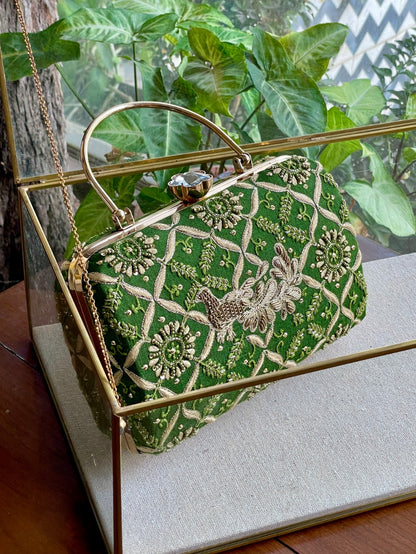 Green Peacock Motif Chikankari Moonga Silk Handle Sling Clutch