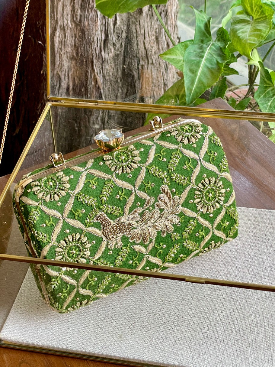 Green Peacock Motif Chikankari Moonga Silk Handle Sling Clutch