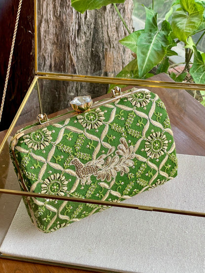 Green Peacock Motif Chikankari Moonga Silk Handle Sling Clutch