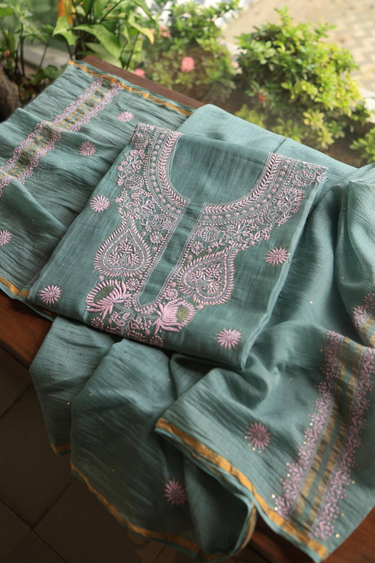 Green & Pink Mal Cotton Chikankari Unstitched Kurta Dupatta Fabrics With Kamdani