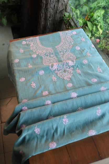 Green & Pink Mal Cotton Chikankari Unstitched Kurta Dupatta Fabrics With Kamdani