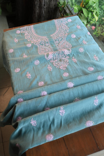 Green & Pink Mal Cotton Chikankari Unstitched Kurta Dupatta Fabrics With Kamdani
