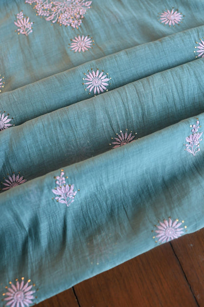 Green & Pink Mal Cotton Chikankari Unstitched Kurta Dupatta Fabrics With Kamdani
